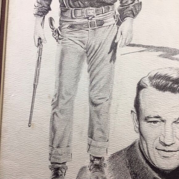 Vintage 1975 Glen Base John Wayne Pencil Sketch Art Framed - Picture 11 of 16